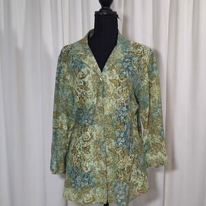 Coldwater Creek Green/Blue Lacy Floral Button Blouse Sz Large Artsy 70s Retro